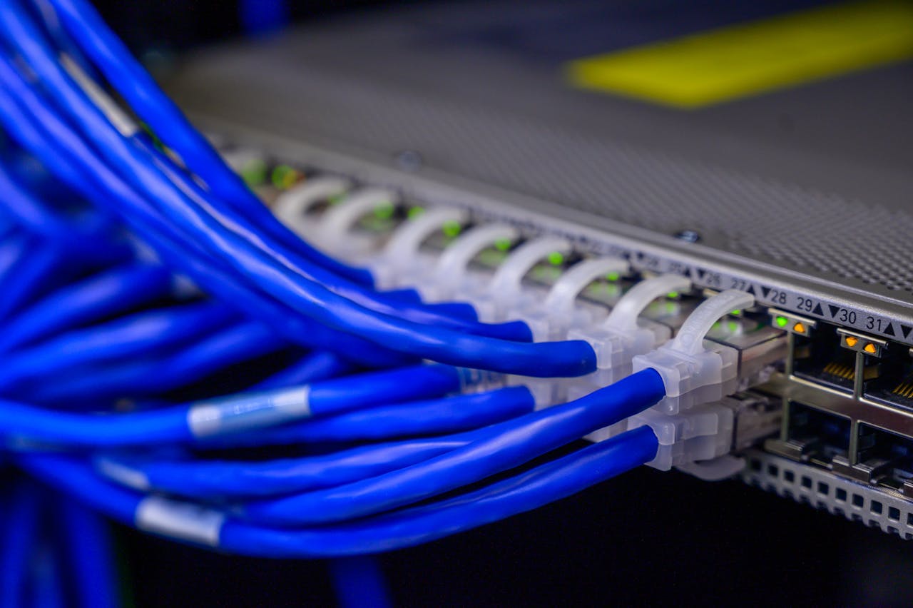 about-02 Detailed view of blue ethernet cables connected to a network switch in a data center.